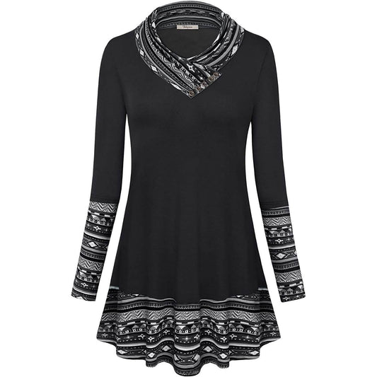 Cowl Neck Long Sleeve Patchwork Top