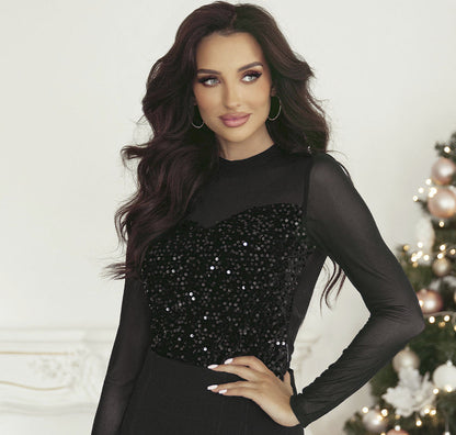 Black Sequin Velvet Sheer Mesh Mock Neck Blouse