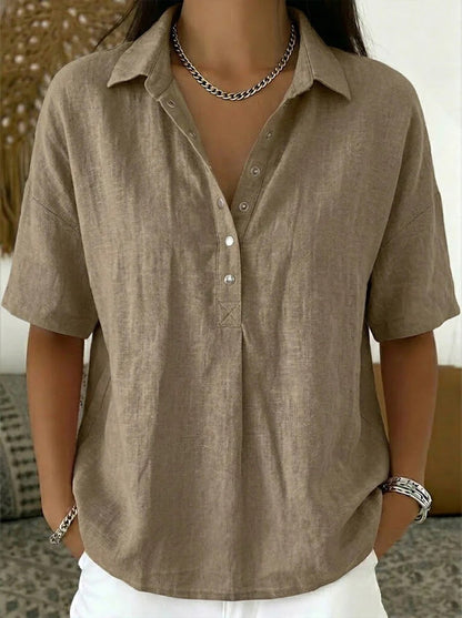 Short Sleeve Button Pullover Shirt – Solid Color Women’s Top