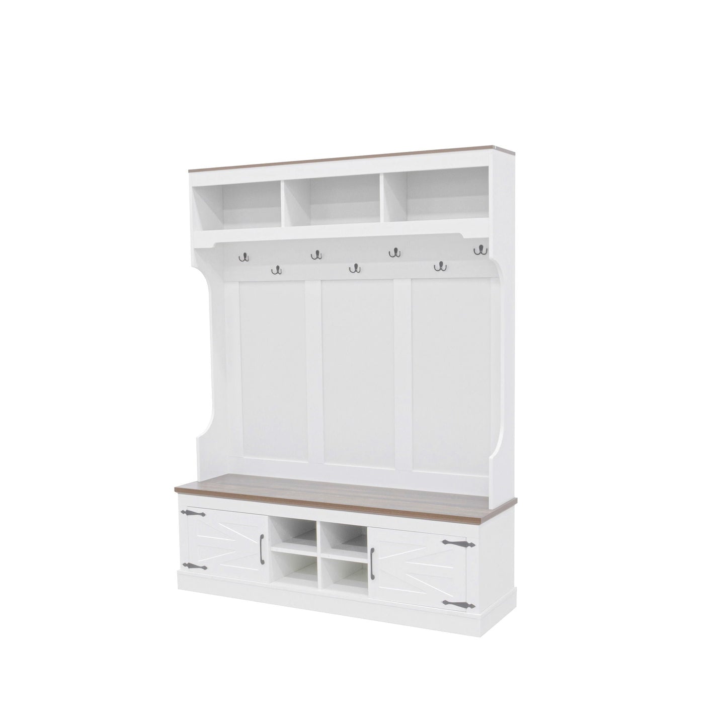 Hall Tree With Bench And Shoe Storage, 5 In 1 Entryway Organizer Cabinet With Coat Rack, 4 Shoe Cubbies & 7 Hooks - White
