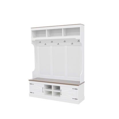 Hall Tree With Bench And Shoe Storage, 5 In 1 Entryway Organizer Cabinet With Coat Rack, 4 Shoe Cubbies & 7 Hooks - White