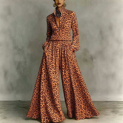 Leopard Print Wide-Leg Pants Set – Women’s Casual Two-Piece