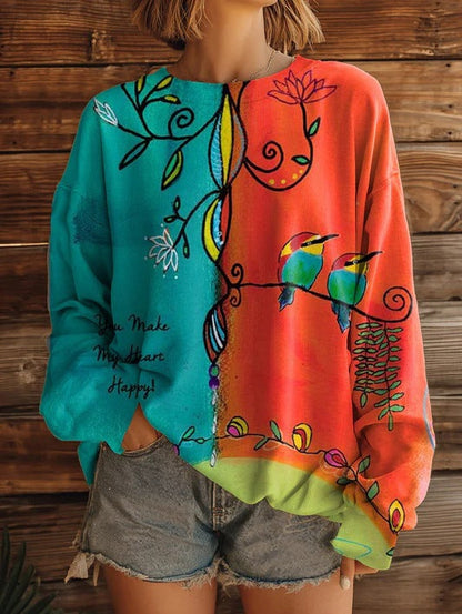 Women’s Printed Crew-Neck Sweatshirt – Long Sleeve Casual Top