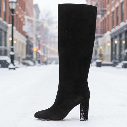 Women’s Suede High Heel Boots | Pleated Thick Heel Pointed Toe