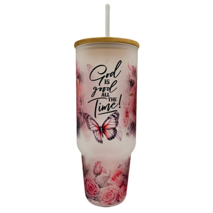 32oz or 40oz God Is Good All The Time custom Sublimation Printed Clear or Frost Glass Tumbler, Mug, Cup with Handle