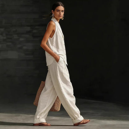 Women's Sleeveless Vest & Wide-Leg Pants Cotton-Linen Two-Piece Set