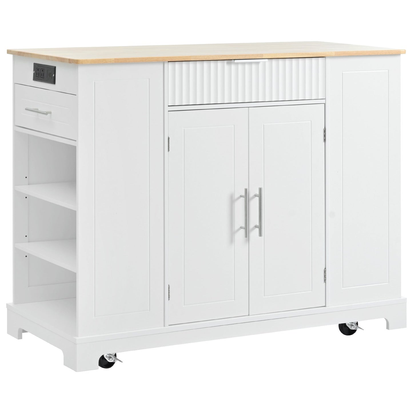 K&K Fluted Kitchen Island with Trash Can Storage Cabinet, Power Outlet, Internal Storage Rack, Rolling Kitchen Islands on 5 Wheels with 3 Drawer, 3 Open Side Racks for 10 Gallon Garbage Bin, White