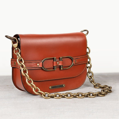 Delaney - Equestrian Stirrup Crossbody Luxury Leather Handbag in Cognac