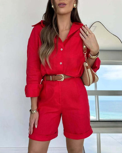 Women's Casual Long-Sleeve Shirt & Shorts Set – Cotton 2-Piece