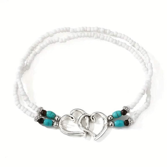 Double Openwork Heart Beaded Anklet Set with Mini Seed Beads