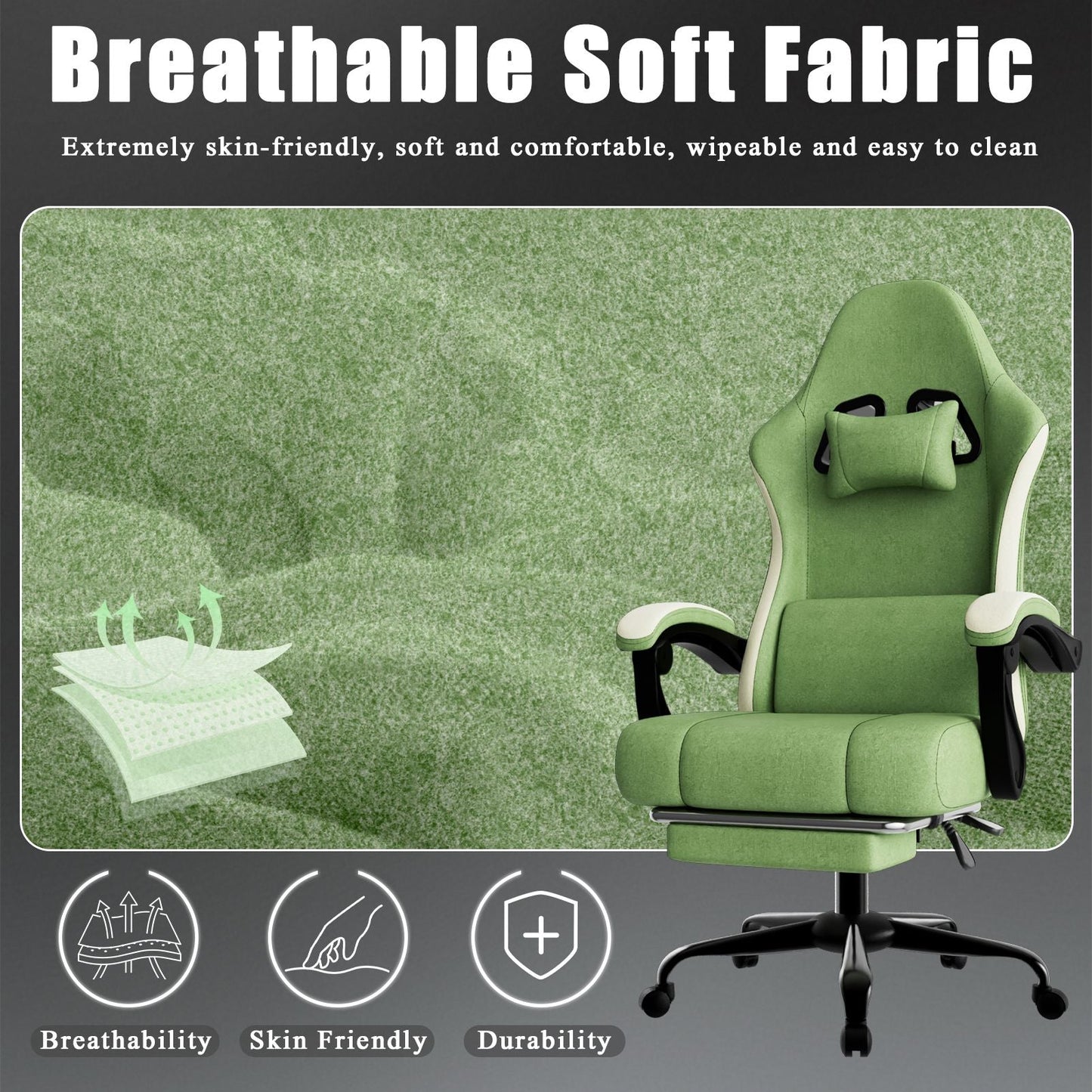 Ergonomic Gaming Chair with Pocketed Spring Cushion, Breathable Fabric Computer Chair with Footrest, Adjustable Lumbar Support Video Game Chair for Adults (Fabric)