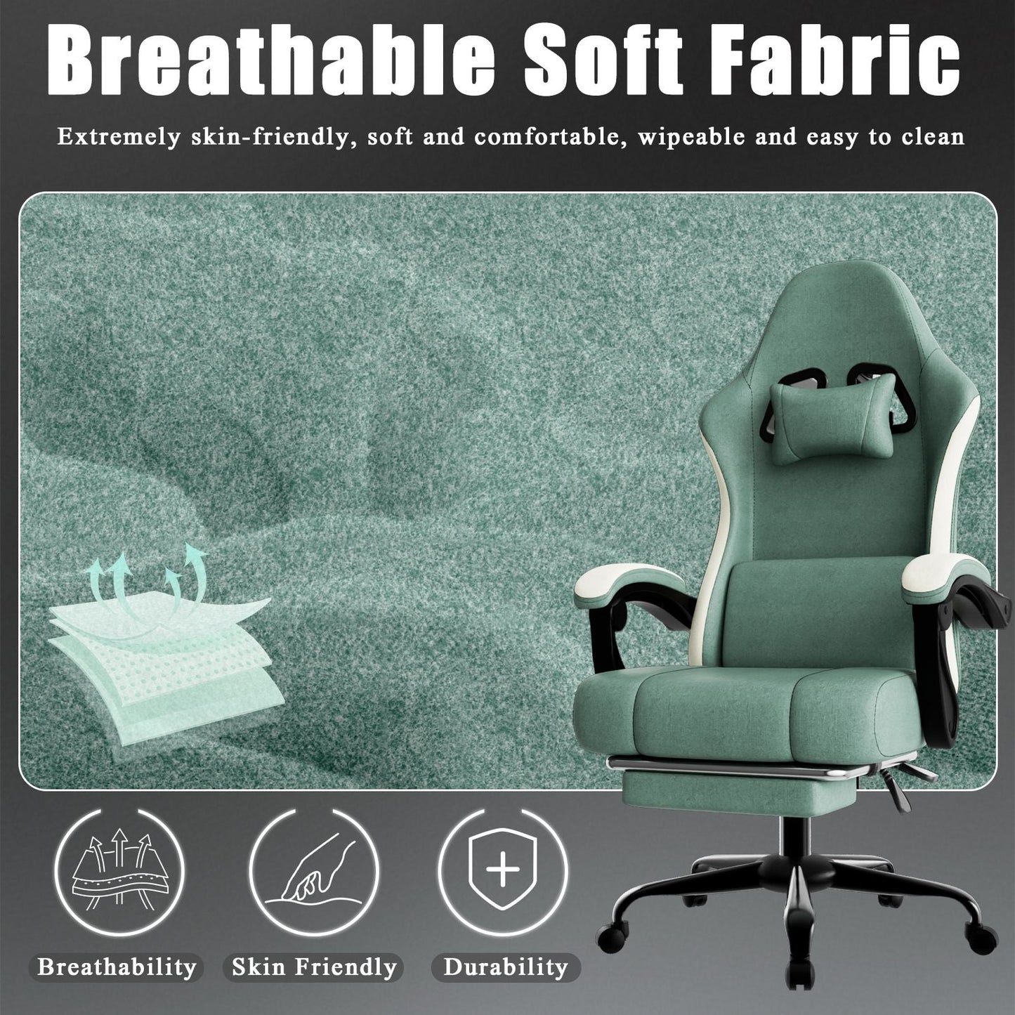 Ergonomic Gaming Chair with Pocketed Spring Cushion, Breathable Fabric Computer Chair with Footrest, Adjustable Lumbar Support Video Game Chair for Adults (Fabric)