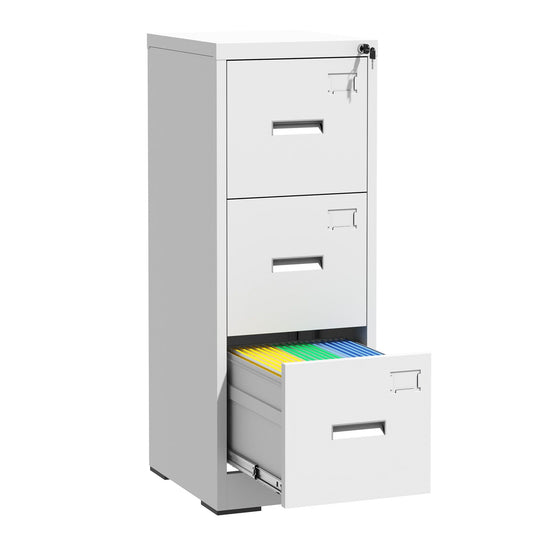 3 Drawer Metal Vertical File Cabinet with Lock and Card Slot Office Home Vertical File Cabinet for A4 Legal/Letter Size Narrow File Cabinet Locked,Assembly Required (White)