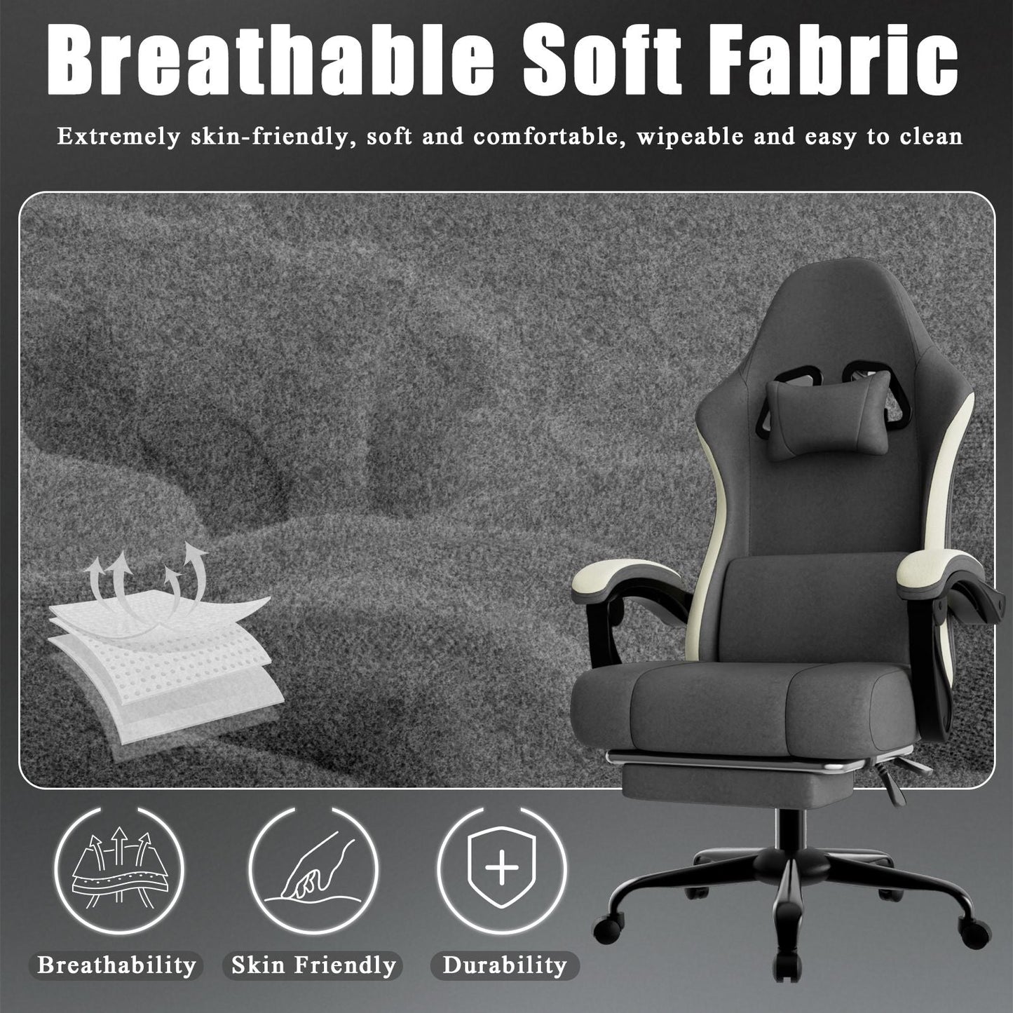 Ergonomic Gaming Chair with Pocketed Spring Cushion, Breathable Fabric Computer Chair with Footrest, Adjustable Lumbar Support Video Game Chair for Adults (Fabric)