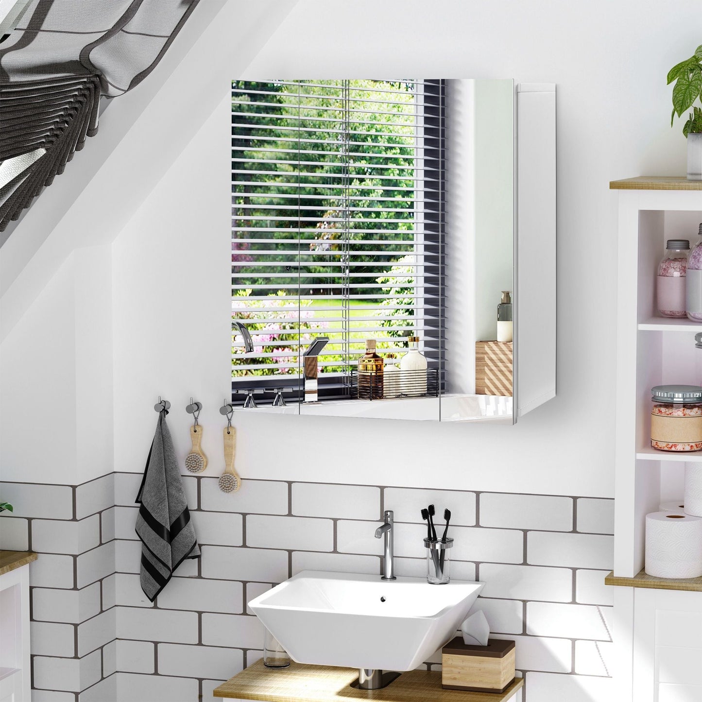 Wall Mounted Mirror Cabinet, Bathroom Medicine Cabinet with Mirror, 3 Doors and Adjustable Shelves, White