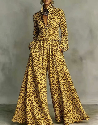 Leopard Print Wide-Leg Pants Set – Women’s Casual Two-Piece