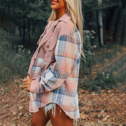 Women's Notch Lapel Check Print Long Sleeve Shirt