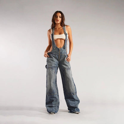Y2K Denim Overalls - Zipper Suspender Jumpsuit Streetwear