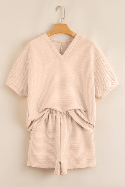 Women's 2-piece Textured V-neck Tshirt and Shorts Set Outfit