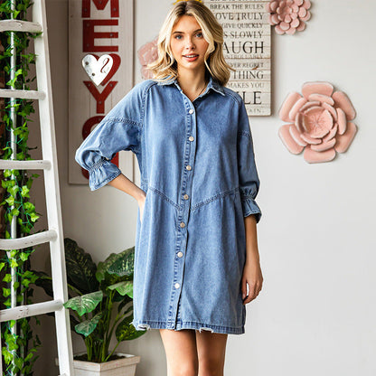 Women's Three-Quarter Sleeve Denim Dress – Ruffle Detail Mid-Length