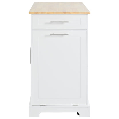 K&K Fluted Kitchen Island with Trash Can Storage Cabinet, Power Outlet, Internal Storage Rack, Rolling Kitchen Islands on 5 Wheels with 3 Drawer, 3 Open Side Racks for 10 Gallon Garbage Bin, White