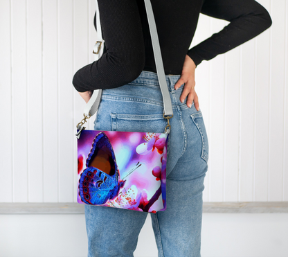 Butterfly and Pink Flowers Crossbody Bag