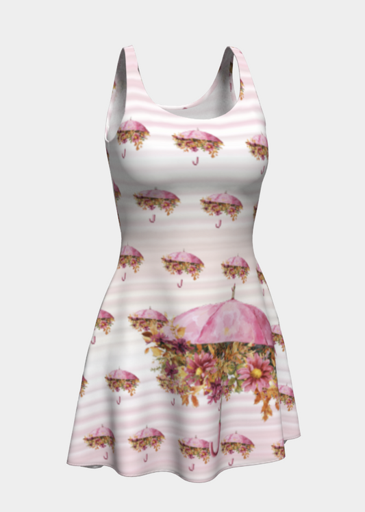 Pink Umbrella Floral Pattern Short Flare Dress