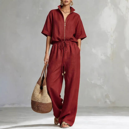 Women's Zip-Up Crew-Neck Top & Wide-Leg Pants Set