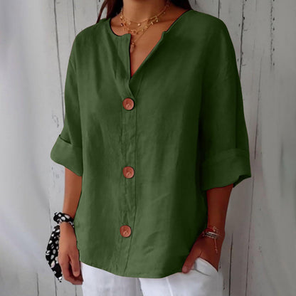 Women's V-Neck Cotton Linen Buttoned Blouse
