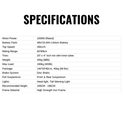 EKX L1 1000W 48V/15.6AH Electric Mountain Fat Tire Bike, 20" (SAK27491)