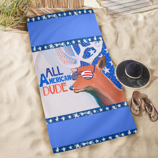 All American Dude with Deer Blue Beach Towel - size 31" x 71"