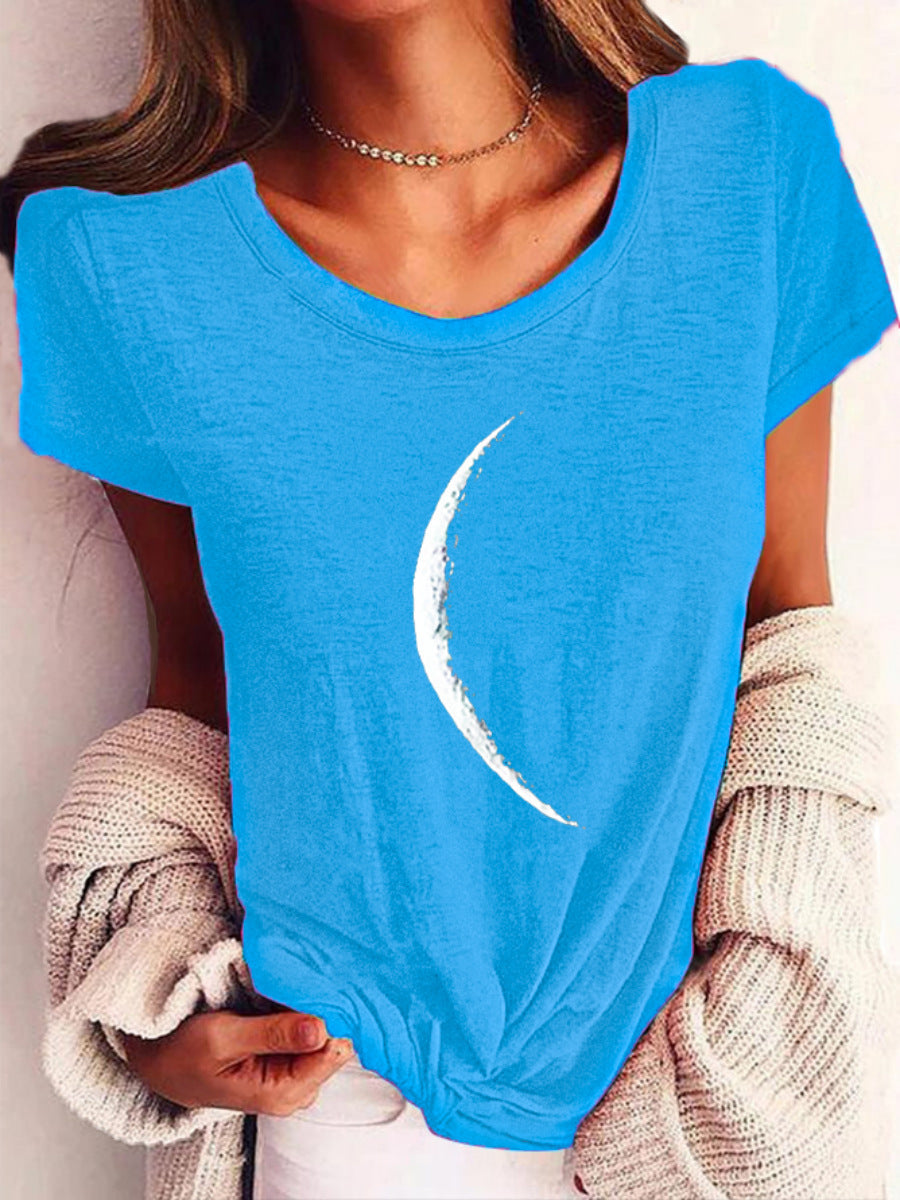 Wide Collar Printed T-Shirt – Casual Short Sleeve Top for Women