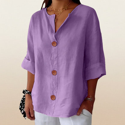 Women's V-Neck Cotton Linen Buttoned Blouse
