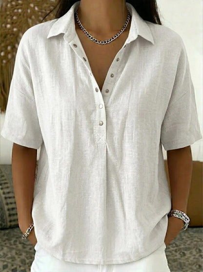 Short Sleeve Button Pullover Shirt – Solid Color Women’s Top