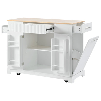 K&K Fluted Kitchen Island with Trash Can Storage Cabinet, Power Outlet, Internal Storage Rack, Rolling Kitchen Islands on 5 Wheels with 3 Drawer, 3 Open Side Racks for 10 Gallon Garbage Bin, White