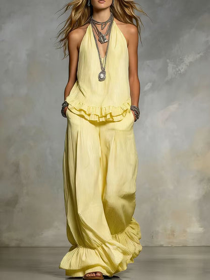 Women's V-Neck Ruffle-Trim Puff-Sleeve Two-Piece Set