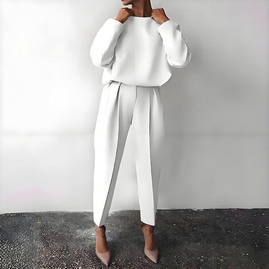 Women’s Solid Color 2-Piece Set – Long Sleeve Top & Pleated Pants Loungewear