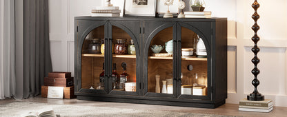 4-Door Large Storage Sideboard Buffet Cabinet with Glass Doors Arched Cabinet (Black)