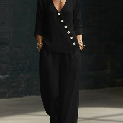 Women’s V-Neck Cross-Over Shirt and Wide-Leg Pants Set