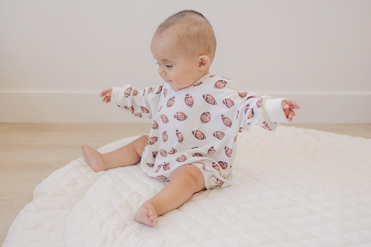 Football Print Bamboo Bubble Romper with Optional Embroidery