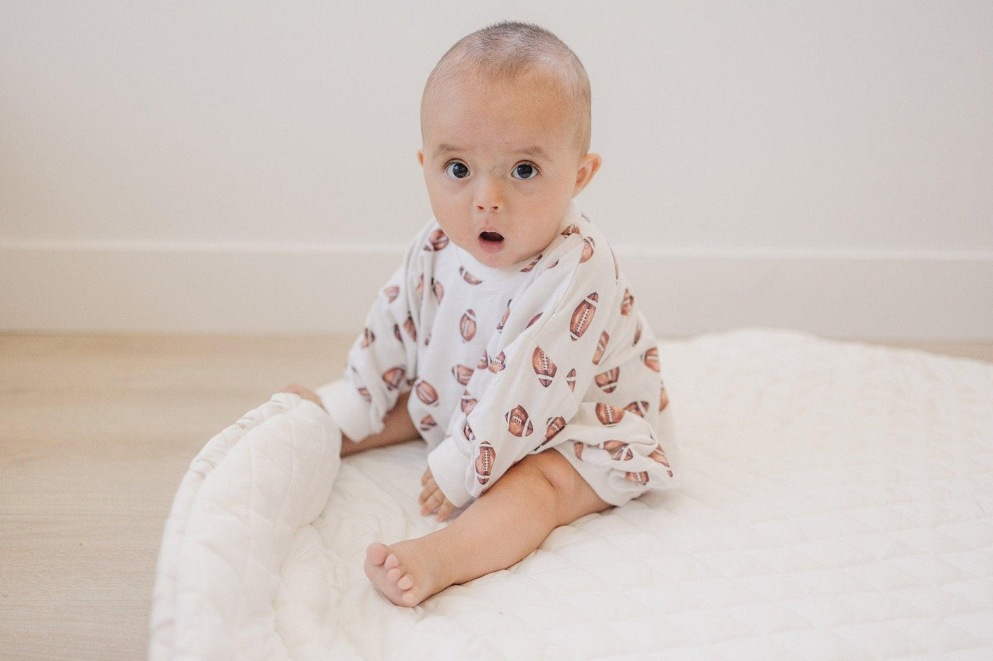 Football Print Bamboo Bubble Romper with Optional Embroidery