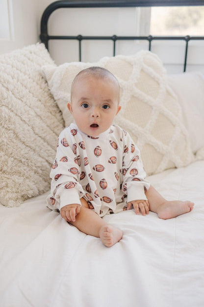 Football Print Bamboo Bubble Romper with Optional Embroidery
