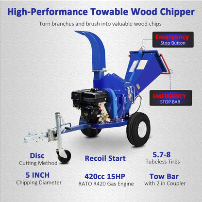 Heavy-Duty 5-Inch 15HP 420CC Gas Towable Disc Wood Chipper Shredder With Recoil Start (SAK51947)