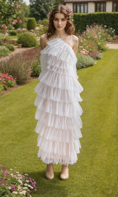 Haltered Sliding Ruffle Layered Hem fit and flare tutu ankle length tulle prom dress