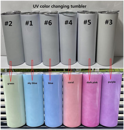 UV Color Changing & Glows Green In Dark  Combo sublimation Blank Stainless 20oz Straight Skinny Tumblers w Lid & Straw BPA Free