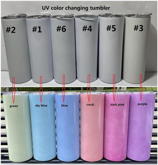 UV Color Changing & Glows Green In Dark  Combo sublimation Blank Stainless 20oz Straight Skinny Tumblers w Lid & Straw BPA Free