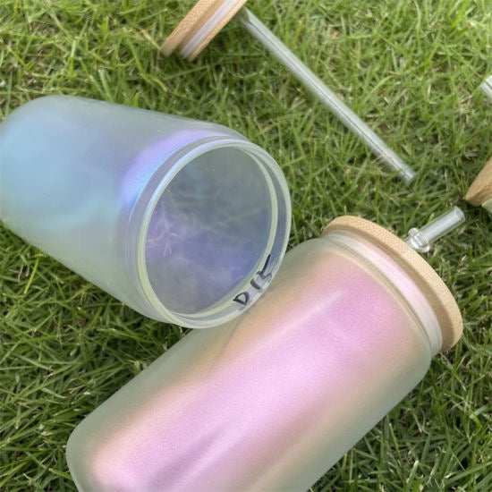 16oz Sublimation blank Holographic iridescent Glitter glass Jar Cans Tumblers (Includes Bamboo Lid & Straw)