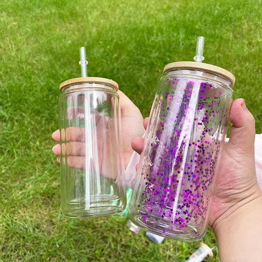 16oz Sublimation blank Snow Globe Dual layer glass Jar Cans Tumblers (Includes Bamboo Lid & Straw)