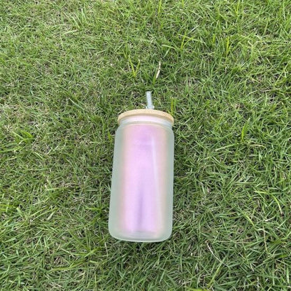 16oz Sublimation blank Holographic iridescent Glitter glass Jar Cans Tumblers (Includes Bamboo Lid & Straw)