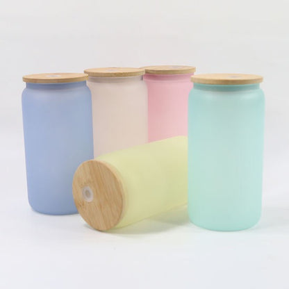 16oz Blank Sublimation color changing glass Jar Cans Tumblers (Includes Bamboo Lid & Straw)